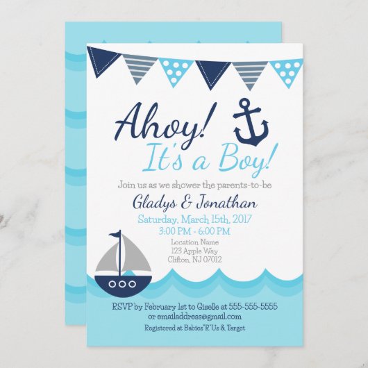 Ahoy! It’s a Boy Nautical Sailor Baby Shower Invit Einladung (Vorne/Hinten)