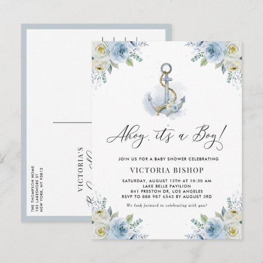Ahoy It's a Boy Anchor Floral Nautical Baby Shower Einladungspostkarte (Vorne/Hinten)