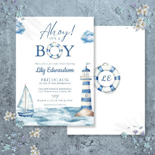 Ahoy It's A Boy Blaues Nautisches Babyshower Einladung
