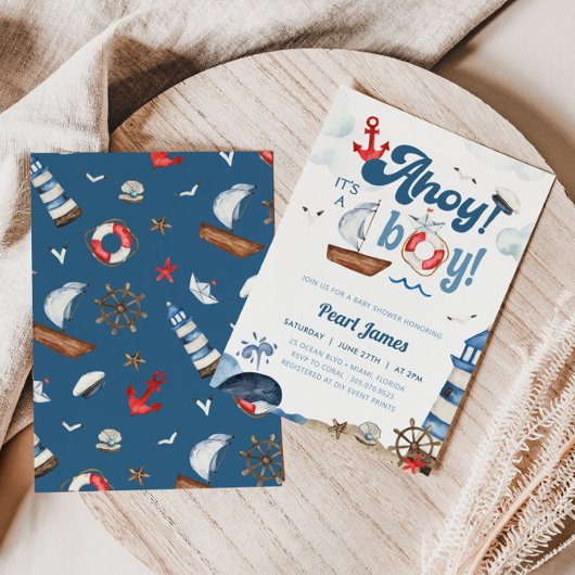 Ahoy It's a Boy Blue and Red Nautical Baby Shower Einladung