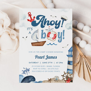 Ahoy It's a Boy Blue and Red Nautical Baby Shower Einladung