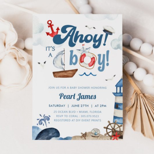 Ahoy It's a Boy Blue and Red Nautical Baby Shower Einladung