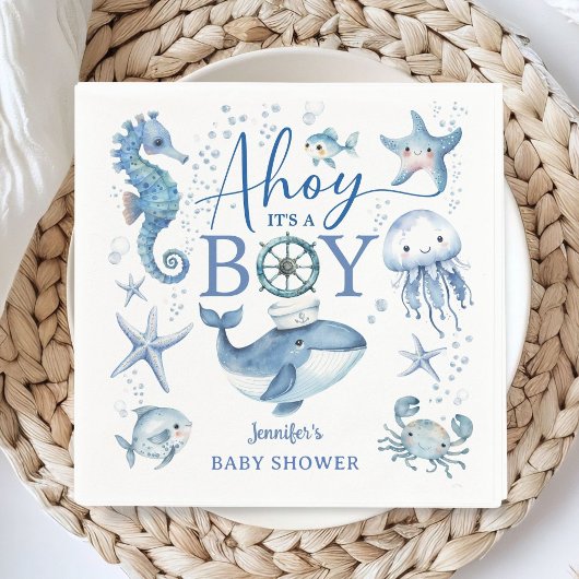 Ahoy It's a Boy Blue Nautical Sailor Baby Shower Serviette