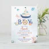 Ahoy It's a Boy Nautical Baby Shower Invite Einladung (Stehend Vorderseite)