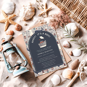 Ahoy It's a Boy Nautical Blue Baby Shower Invite Postkarte