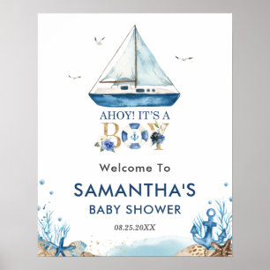 Ahoy It's a Boy Nautical Boat Baby Shower Willkomm Poster