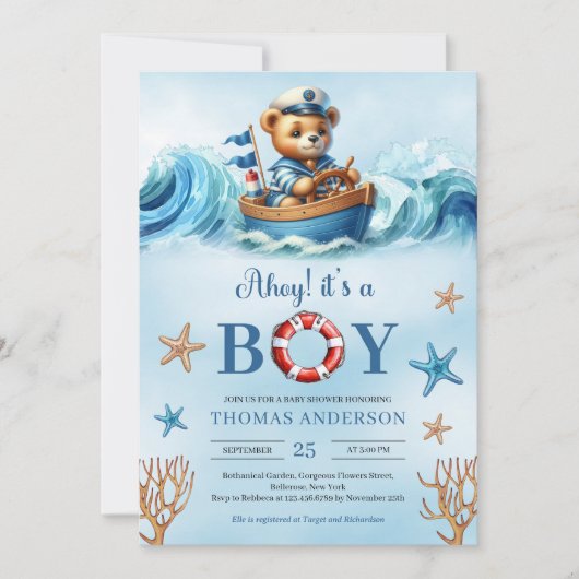 Ahoy It's A Boy Niedlich Aquarell Teddy Bären Segl Einladung (Vorderseite)
