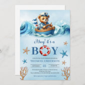 Ahoy It's A Boy Niedlich Aquarell Teddy Bären Segl Einladung (Vorne/Hinten)