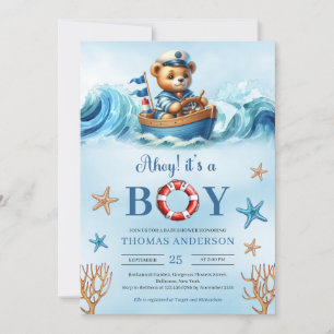 Ahoy It's A Boy Niedlich Aquarell Teddy Bären Segl Einladung