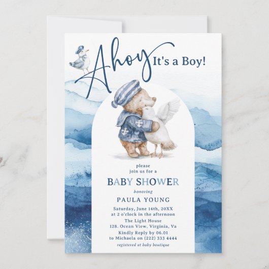 Ahoy It's a Boy Niedlich Nautical Baby Shower Einladung (Vorderseite)