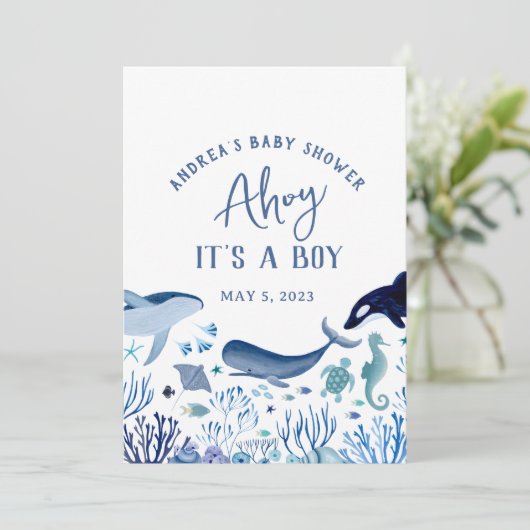 Ahoy It's a Boy Under Sea Baby Shower Vielen Dank Einladung (Stehend Vorderseite)