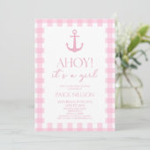 Ahoy It's a Girl Elegant Pink Nautical Baby Shower Einladung (Stehend Vorderseite)