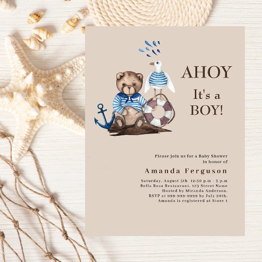 Ahoy Junge Teddy Segler Beige Baby Dusche Einladun