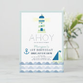 Ahoy Lighthouse Nautical Blue Boy 1. Geburtstag Einladung (Stehend Vorderseite)