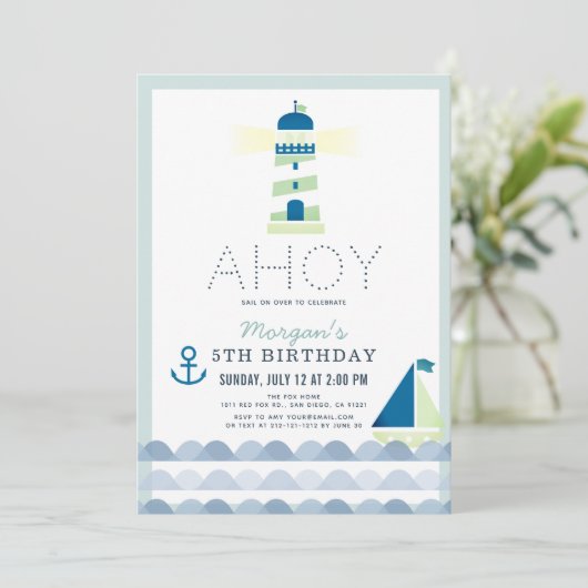 Ahoy Lighthouse Nautical Blue Boy Birthday Einladung (Stehend Vorderseite)