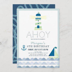 Ahoy Lighthouse Nautical Blue Boy Birthday Einladung