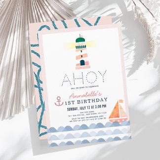 Ahoy Lighthouse Nautical Pink Girl 1. Geburtstag Einladung