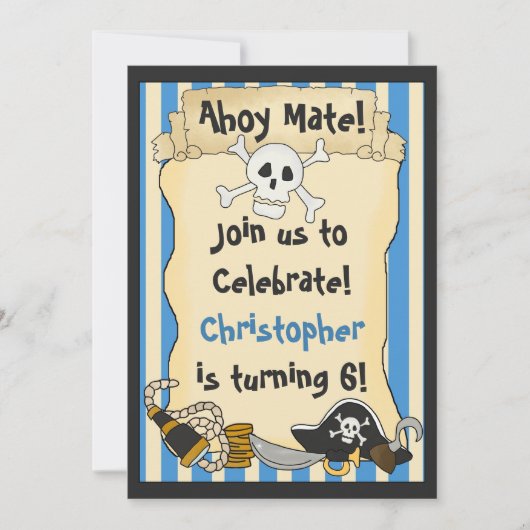 Ahoy Mate! Pirate Skull n Crossbones Blue Birthday Einladung (Vorderseite)