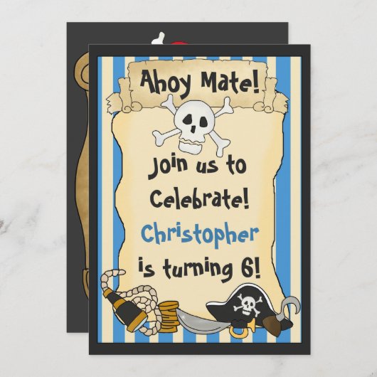 Ahoy Mate! Pirate Skull n Crossbones Blue Birthday Einladung (Vorne/Hinten)