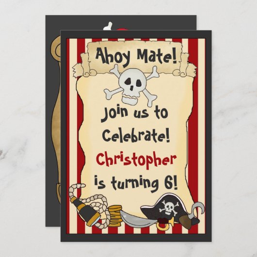 Ahoy Mate! Pirate Skull n Crossbones Red Birthday Einladung (Vorne/Hinten)