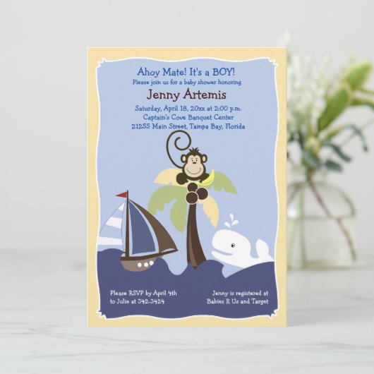 Ahoy Mate Whale, Sailboat & Monkey Einladung 12x18 (Stehend Vorderseite)