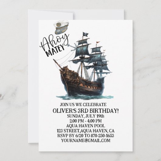 Ahoy Matey! Black Pirate Ship Birthday Einladung (Vorderseite)