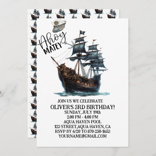 Ahoy Matey! Black Pirate Ship Birthday Einladung (Vorne/Hinten)