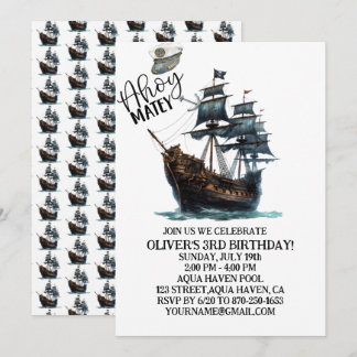Ahoy Matey! Black Pirate Ship Birthday Einladung
