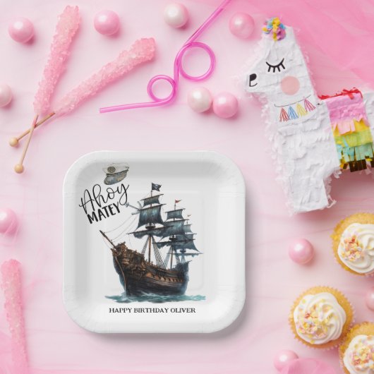 Ahoy Matey! Black Pirate Ship Birthday Pappteller (Party)