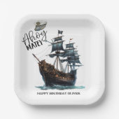 Ahoy Matey! Black Pirate Ship Birthday Pappteller (Vorderseite)