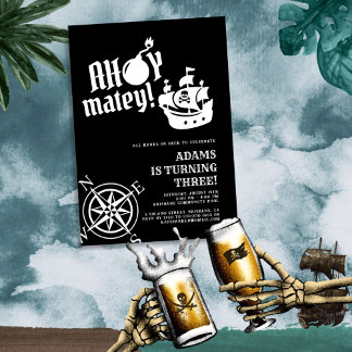 Ahoy Matey! Black Pirate Ship Compass Geburtstag Einladung