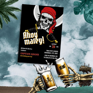 Ahoy Matey! Dark Pirates Skull Mascot Geburtstag Einladung