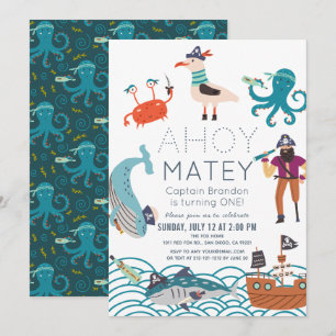 Ahoy Matey Pirat Meerestiere 1. Geburtstag Einladung