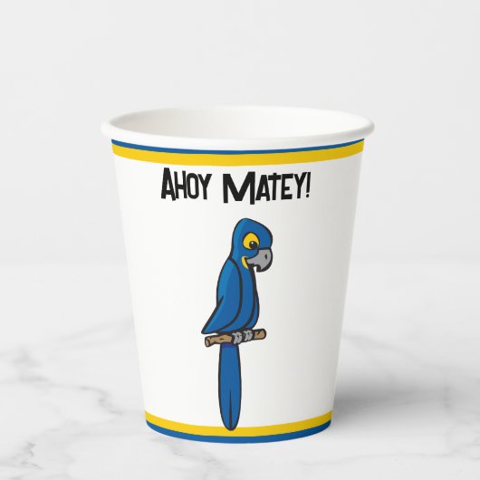 Ahoy Matey Pirate Parrot Cartoon, Funny Macaw Bird Pappbecher (Vorderseite)