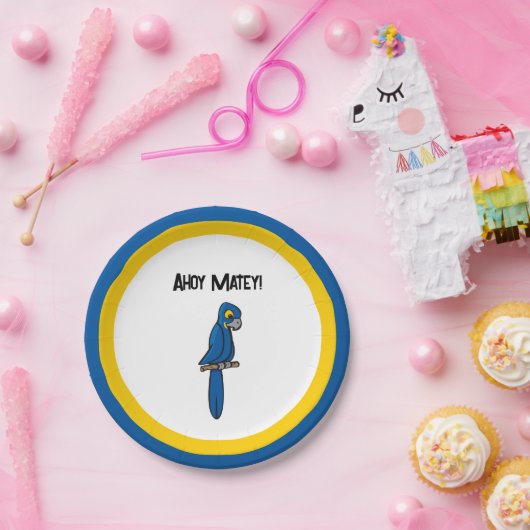 Ahoy Matey Pirate Parrot Cartoon, Funny Macaw Bird Pappteller (Party)