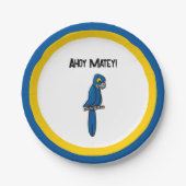 Ahoy Matey Pirate Parrot Cartoon, Funny Macaw Bird Pappteller (Vorderseite)