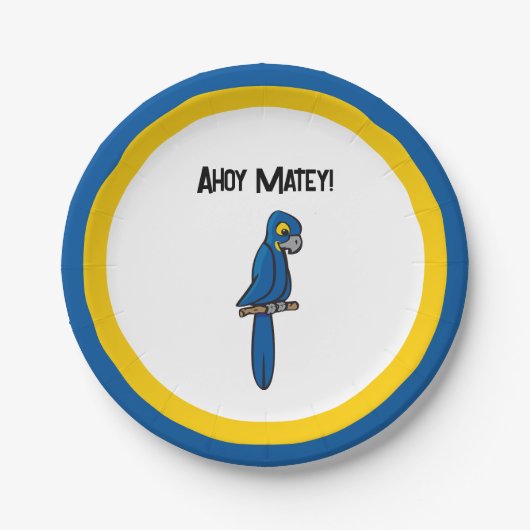 Ahoy Matey Pirate Parrot Cartoon, Funny Macaw Bird Pappteller (Vorderseite)