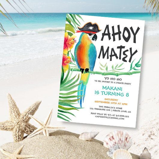 Ahoy Matey Pirate Parrot Tropical Birthday Einladung
