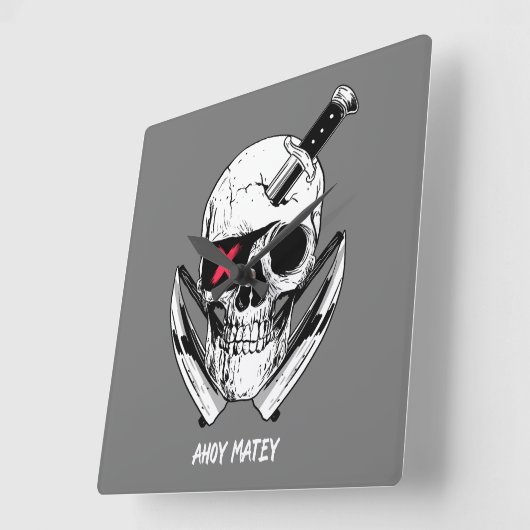 Ahoy Matey Pirate Skull Wall Clock Quadratische Wanduhr (Winkel)