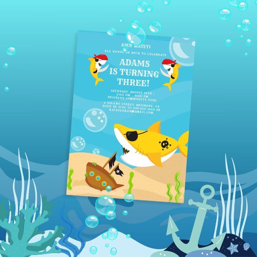 Ahoy Matey! Yellow Shark Pirate Under Sea Birthday Einladung