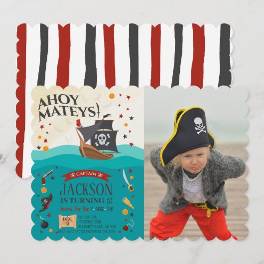 Ahoy Mateys Pirate Birthday Foto Einladung (Vorne/Hinten)