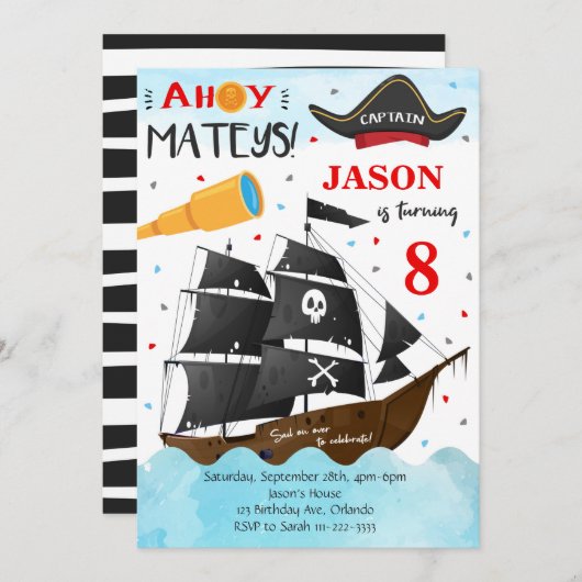Ahoy Mateys Pirate Birthday Invite Einladung (Vorne/Hinten)