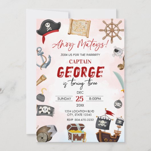 Ahoy mateys pirate Boy birthday Invitation Einladung (Vorderseite)