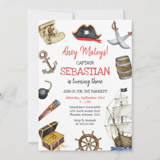 Ahoy Mateys Pirate Boy Kids Birthday Invitation Einladung