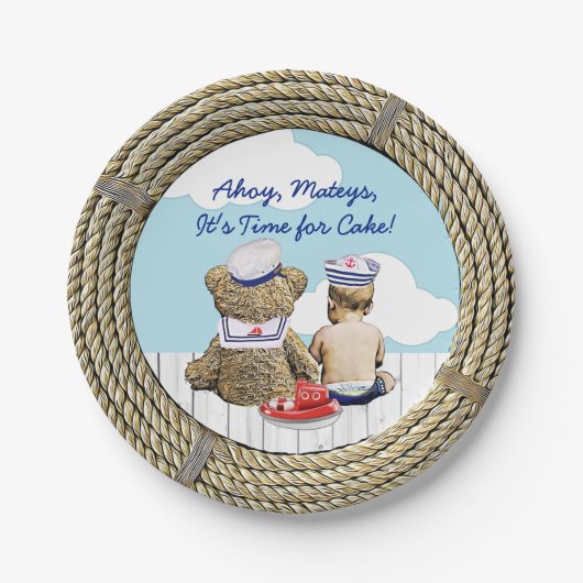 Ahoy, Matyes, Boy's Baby Shower Nautical Pappteller (Vorderseite)
