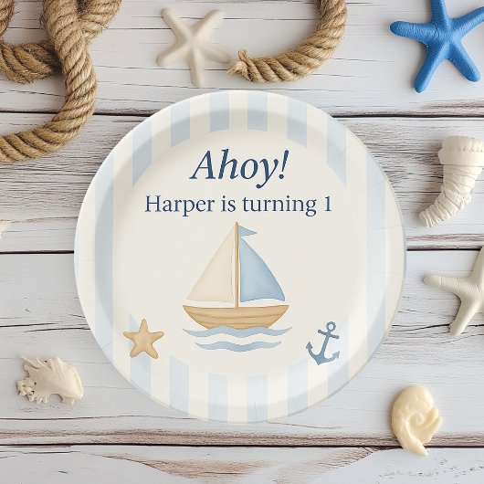 Ahoy Nautical Birthday | Blue Sailboat Pappteller
