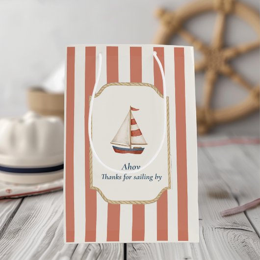 Ahoy Nautical Birthday | Red Stripes & Sailboat Mittlere Geschenktüte
