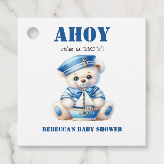 Ahoy Nautical Blue Sailor Bear Boy Baby Dusche Geschenkanhänger (Vorderseite)