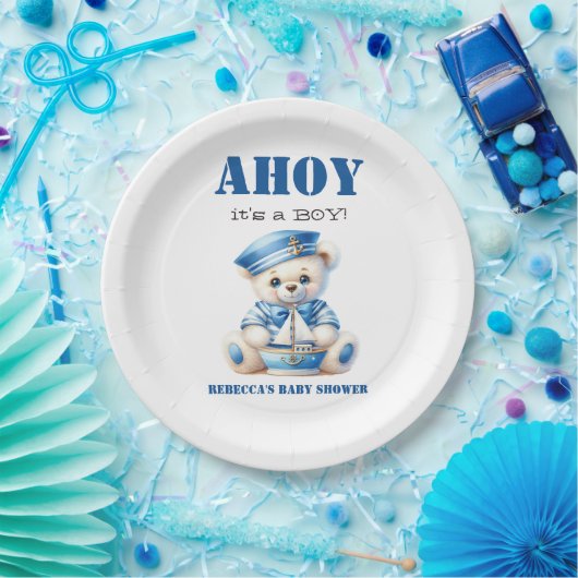 Ahoy Nautical Blue Sailor Bear Boy Baby Dusche Pappteller (Party)
