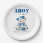 Ahoy Nautical Blue Sailor Bear Boy Baby Dusche Pappteller (Vorderseite)